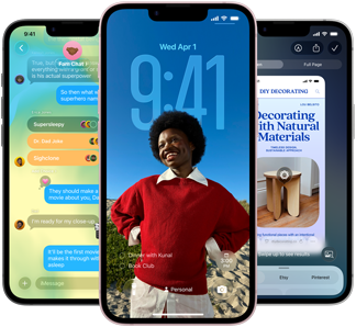 Three iPhone 17e devices, showing Messages app with Liquid Glass design, dynamic Lock Screen and Visual Intelligence in use