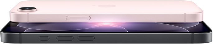 iPhone 17e, horizontal side and back exterior, soft pink colour, iPhone 17e, horizontal side and front exterior, black colour
